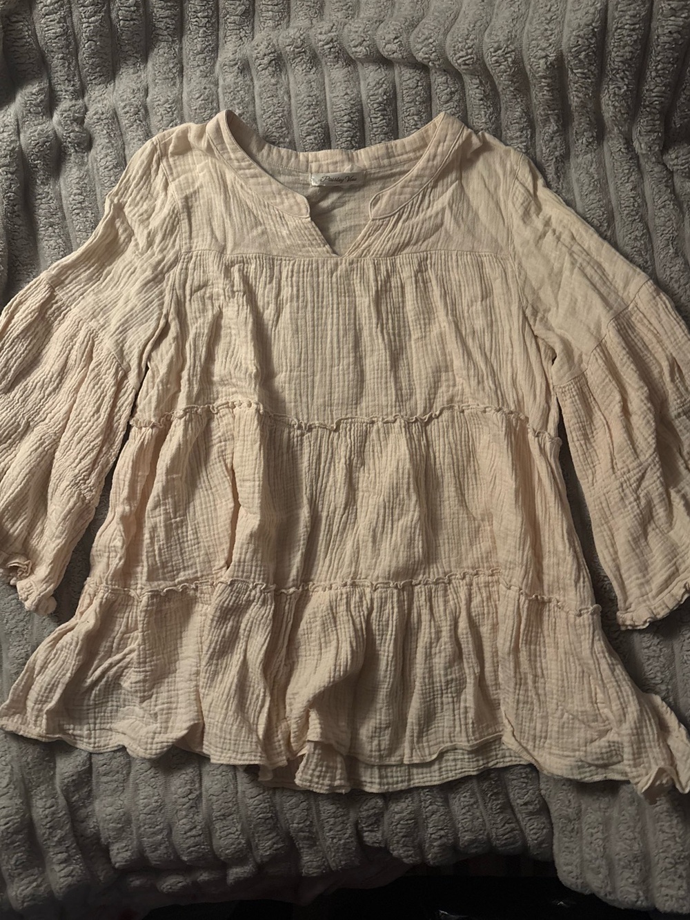 Light Cream Tiered Gauze Women's Blouse with V-Notch